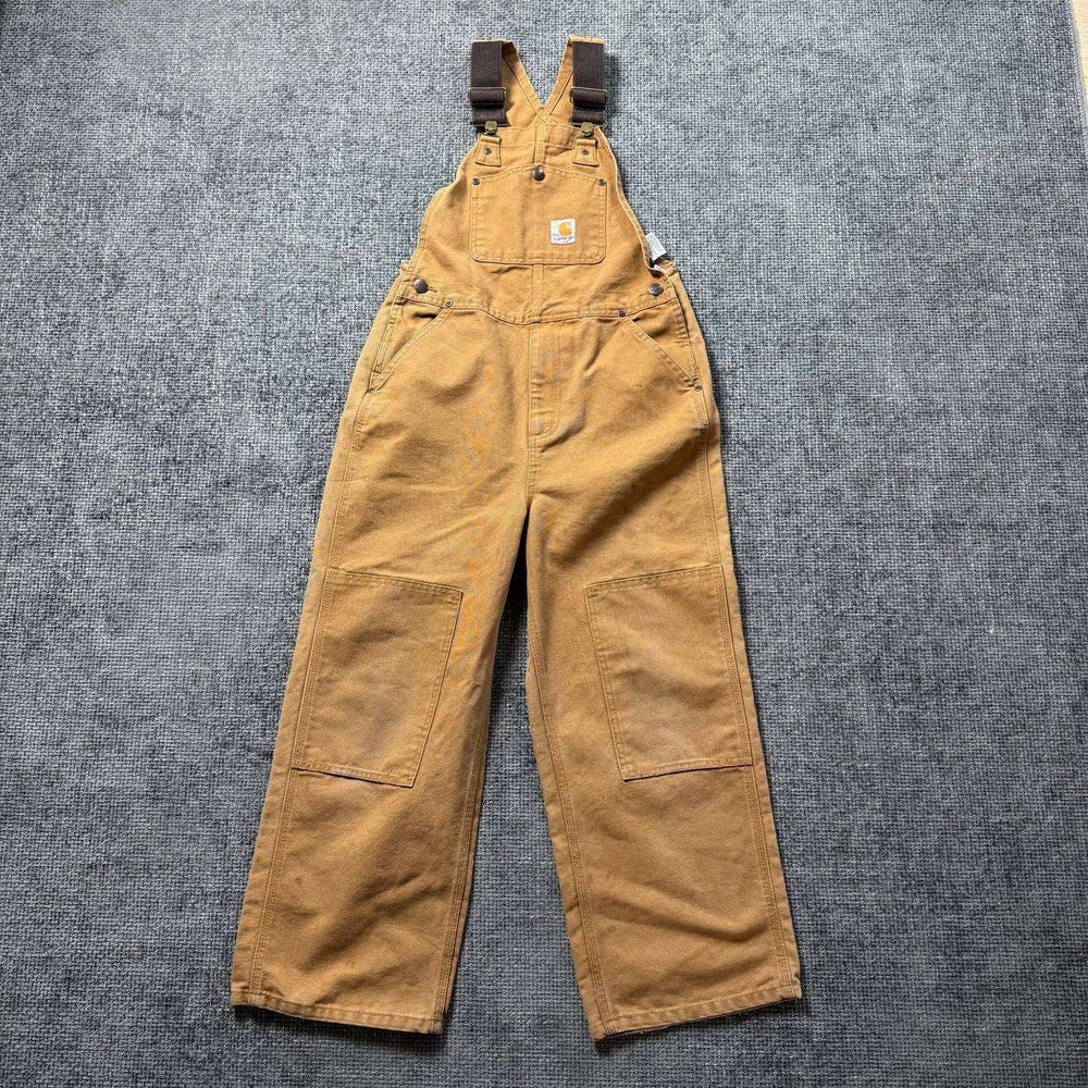 Carhartt Double Knee Canvas Overalls Kids 10 Brown Bib Workwear Dungarees